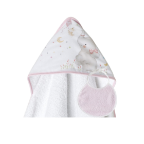 Capa de baño y babero. Blanco y Rosa . Elefante con cometa
